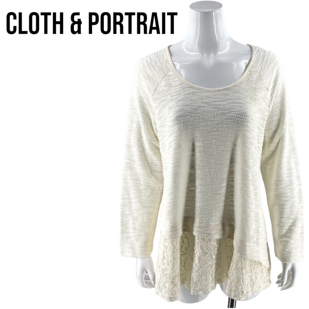 NWT Cloth & Portrait ASYMMETRICAL TUNIC SWEATER Medium FLORAL LACE Ivory White